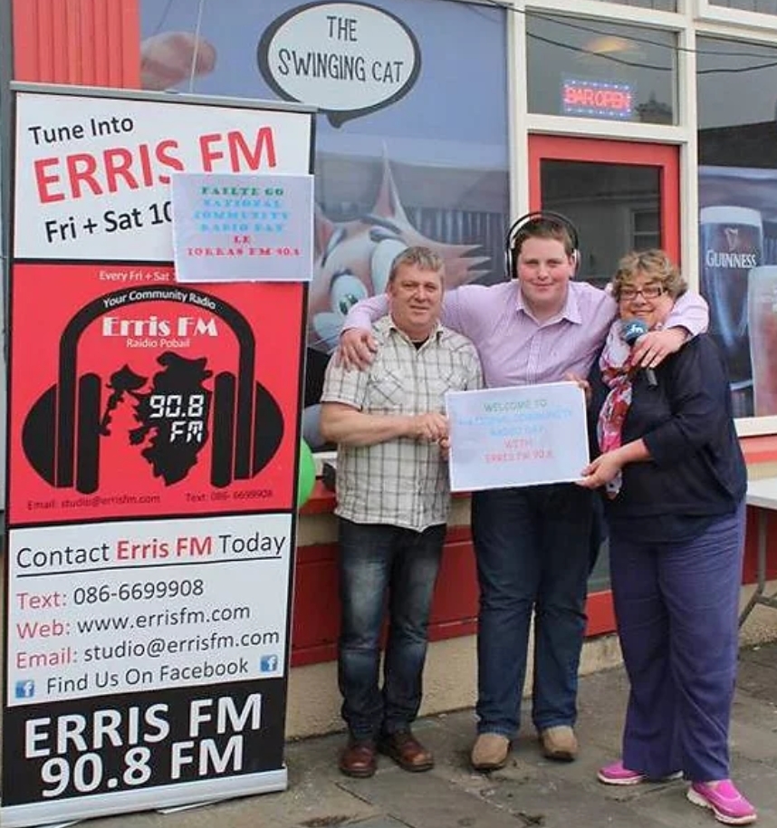 Bilingual community radio station Erris FM, also known as  Iorras FM,  broadcasts to the Erris region of north-west Mayo every Friday and Saturday throughout the year. It began in 1995 as a special events station and broadcast every summer for eight years until 2002, when problems with suitable premises became insurmountable. Widespread community support helped the station return to air and they eventually opened their new studios in the Áras Inis Gluaire arts centre in Belmullet.